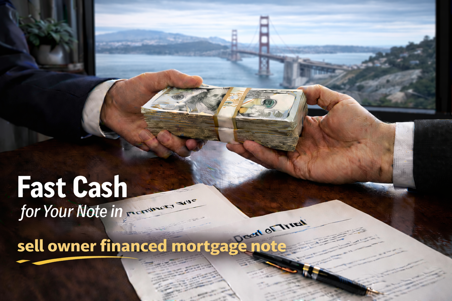 Cash exchange for promissory note and deed of trust for owner financed mortgage note sale.