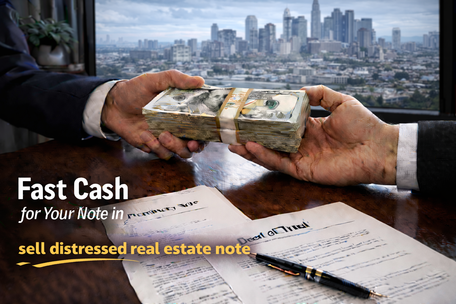 Cash exchange for promissory note and deed of trust for distressed real estate note sale.