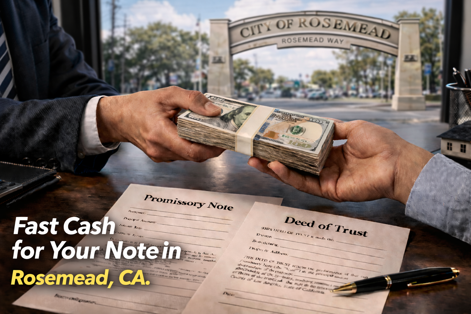 Cash exchange for promissory note and deed of trust during a real estate note sale in Rosemead, CA.