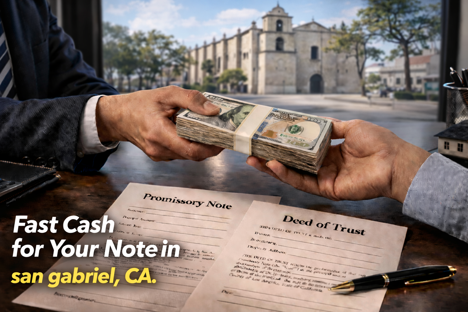 Cash exchange for promissory note and deed of trust during a real estate note sale in San Gabriel, CA.