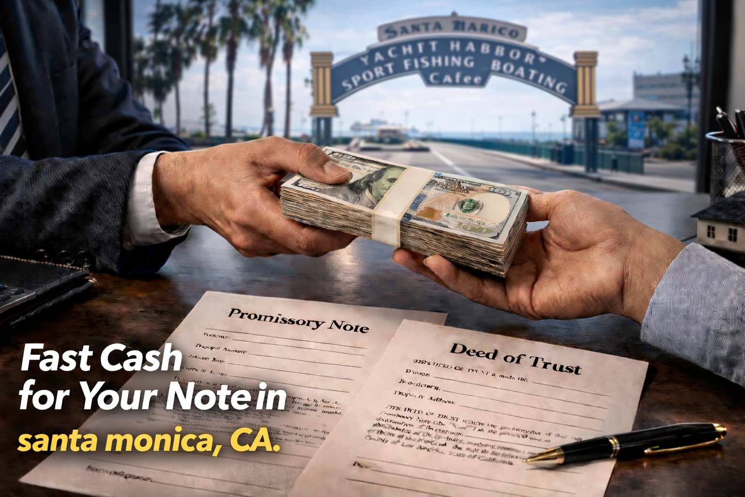 Cash exchange for promissory note and deed of trust during a real estate note sale in Santa Monica, CA.