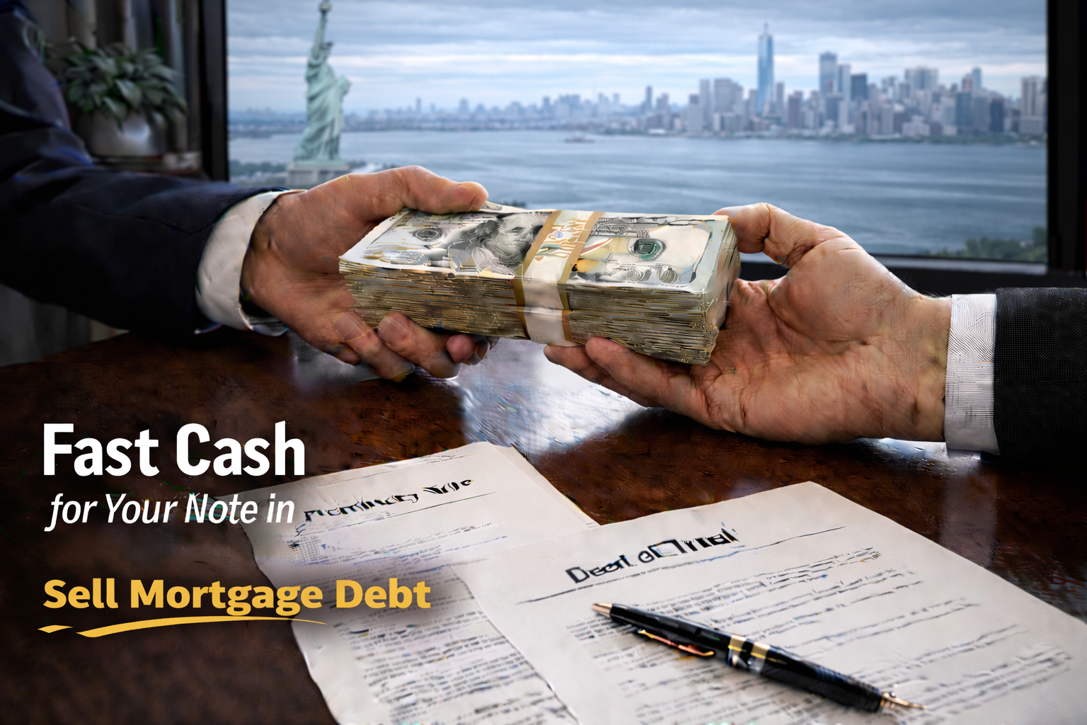 Cash exchange for promissory note and deed of trust for mortgage debt sale.