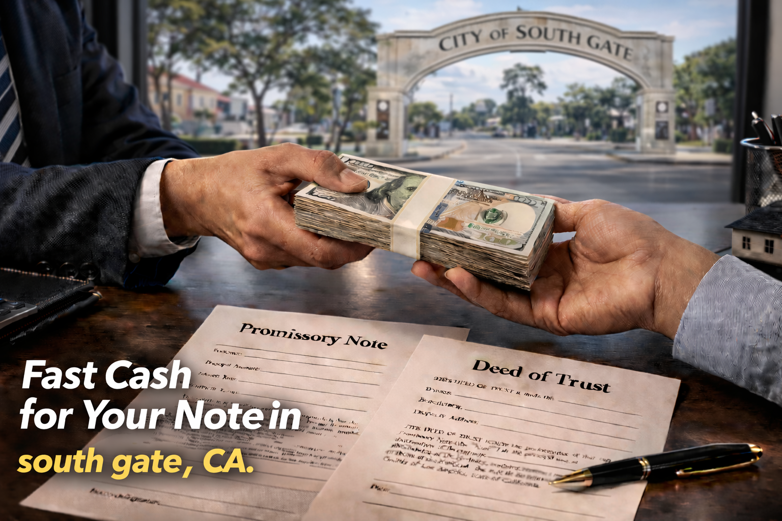 Cash exchange for promissory note and deed of trust during a real estate note sale in South Gate CA.