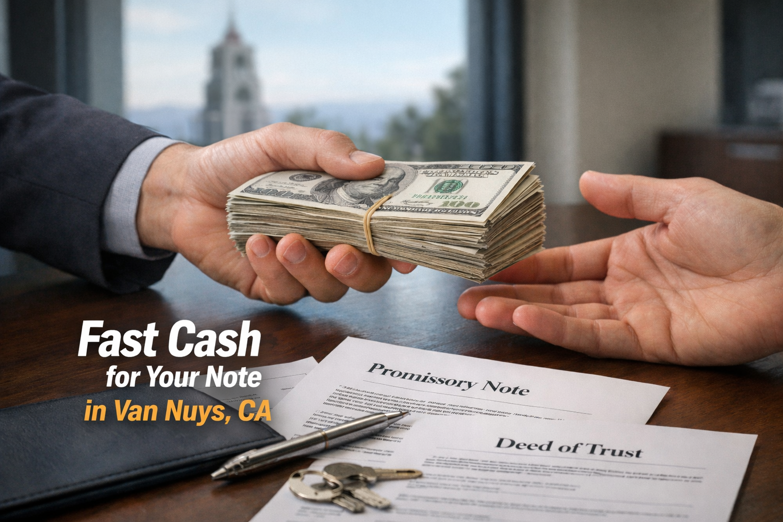 Cash exchange for promissory note and deed of trust in Van Nuys CA real estate note sale.