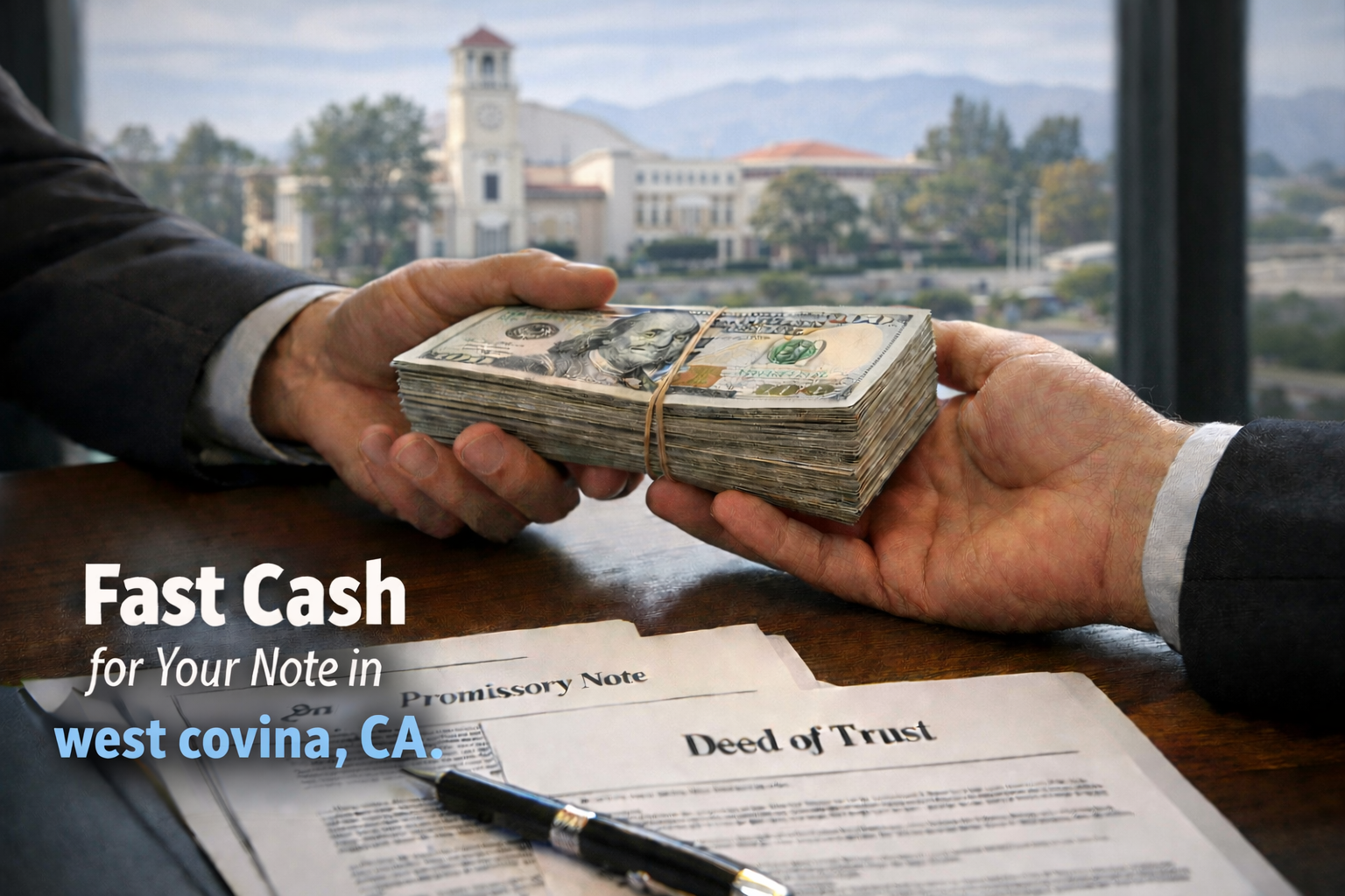 Cash exchange for promissory note and deed of trust during a real estate note sale in West Covina CA.