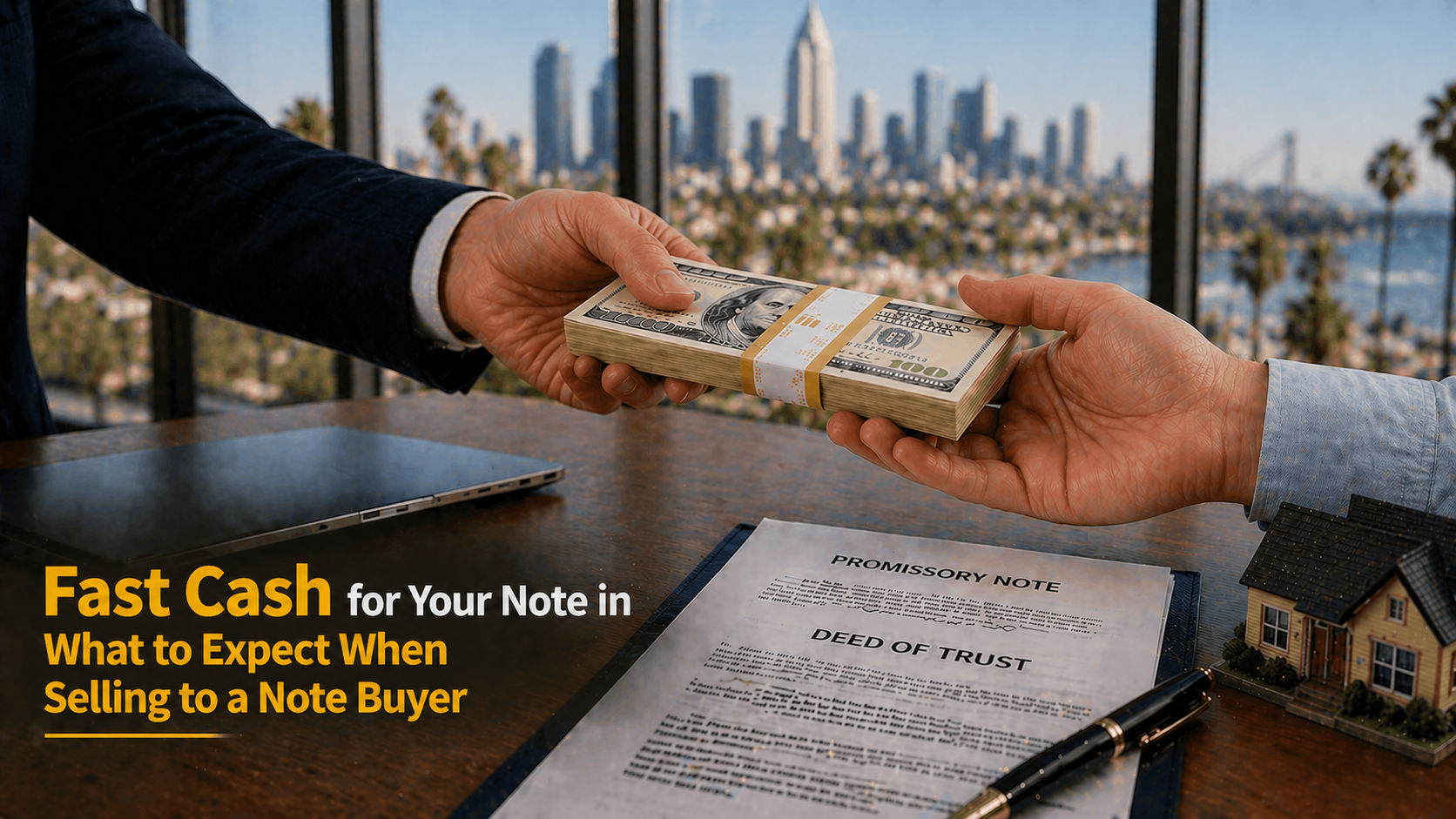 Cash exchange for promissory note and deed of trust selling to note buyer Malibu CA.