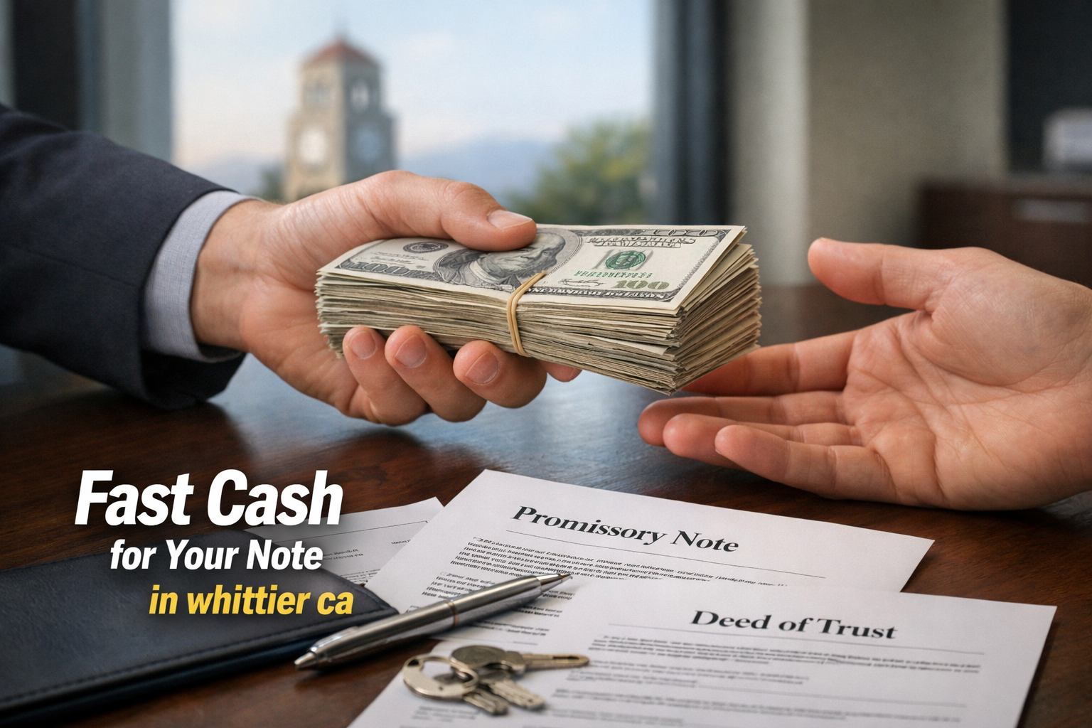 Cash exchange for promissory note and deed of trust in Whittier CA real estate note sale.