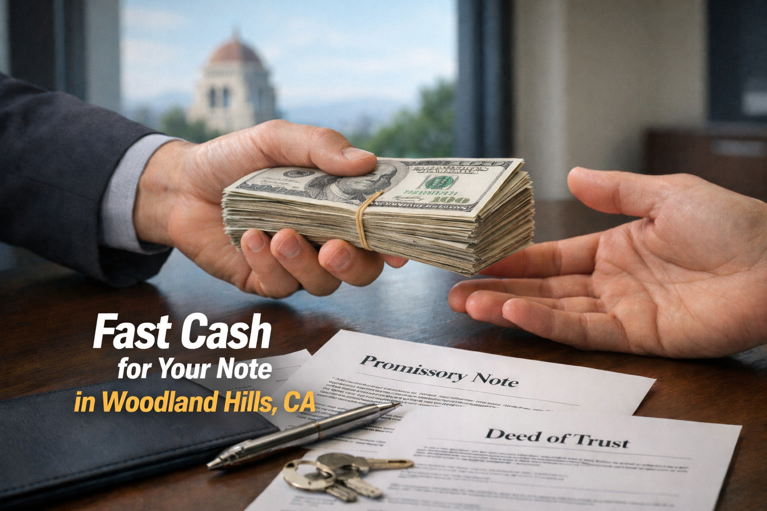 Cash exchange for promissory note and deed of trust in Woodland Hills CA real estate note sale.