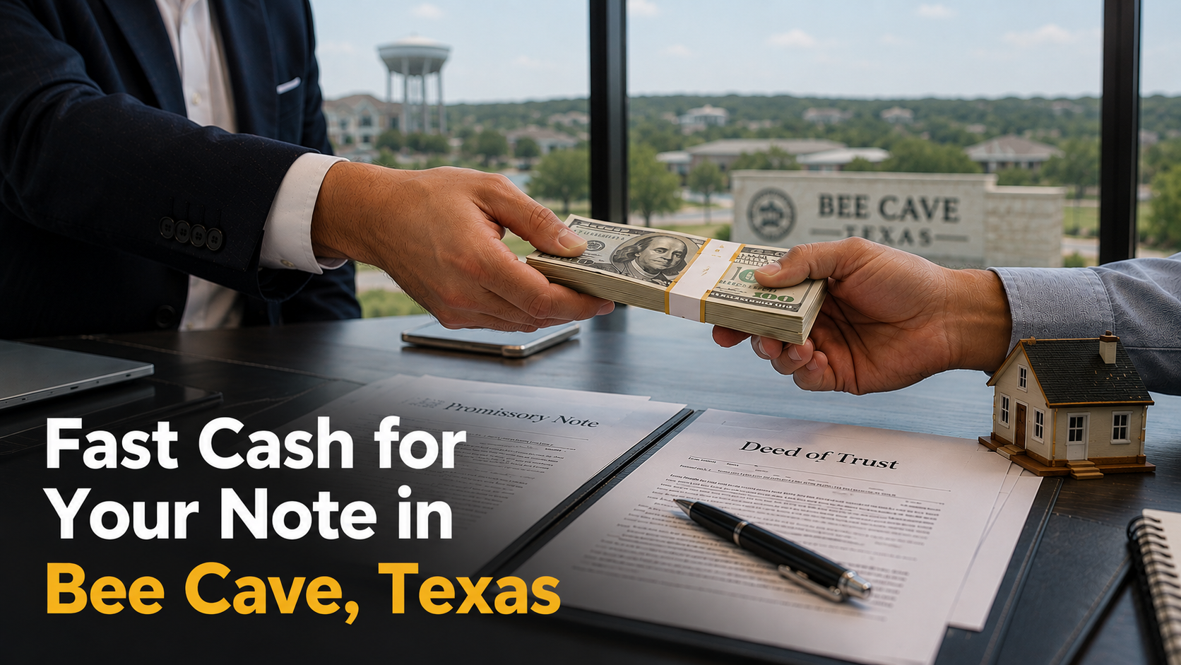 Cash exchange with promissory note and deed of trust during a real estate note sale in Bee Cave Texas.