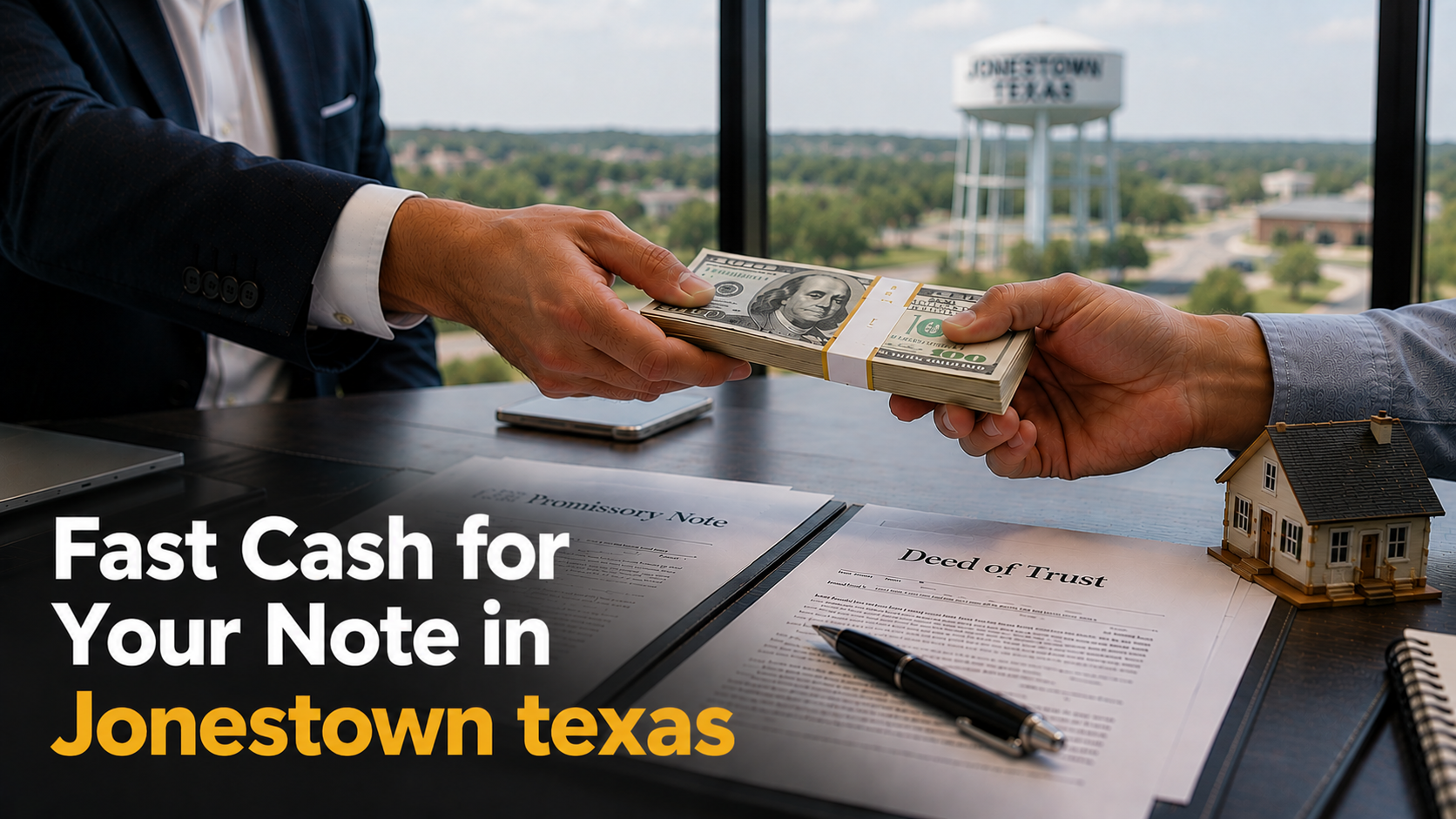 Cash exchange with promissory note and deed of trust during a real estate note sale in Jonestown Texas.