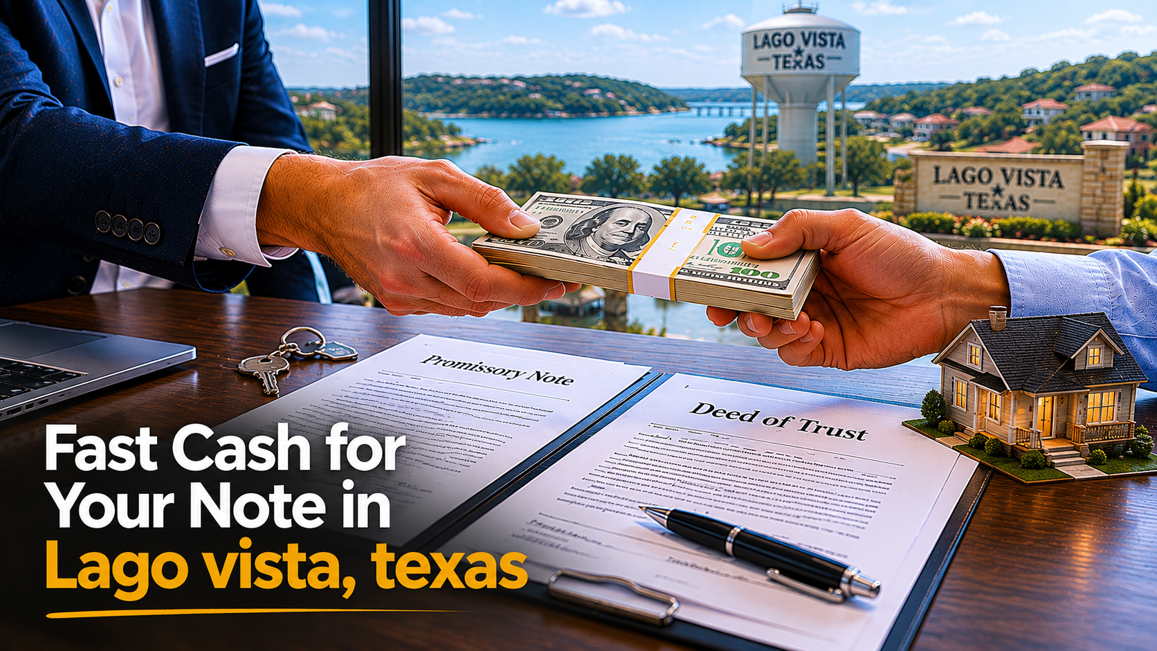 Cash exchange with promissory note and deed of trust during a real estate note sale in Lago Vista Texas.