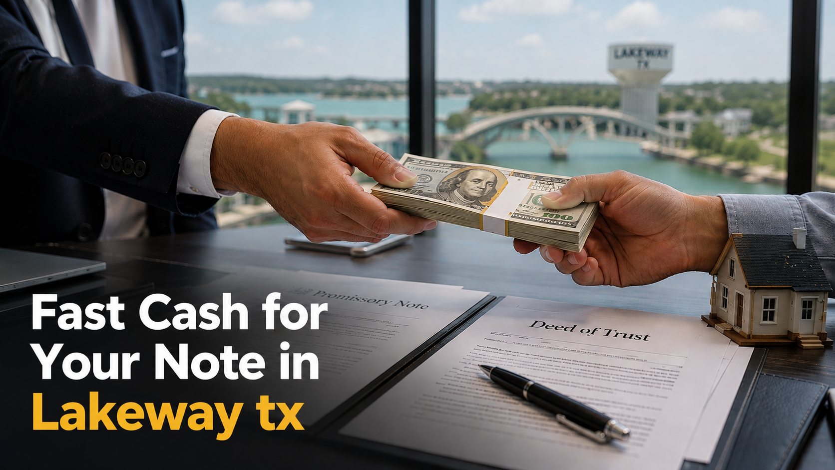 Cash exchange with promissory note and deed of trust during a real estate note sale in Lakeway Texas.