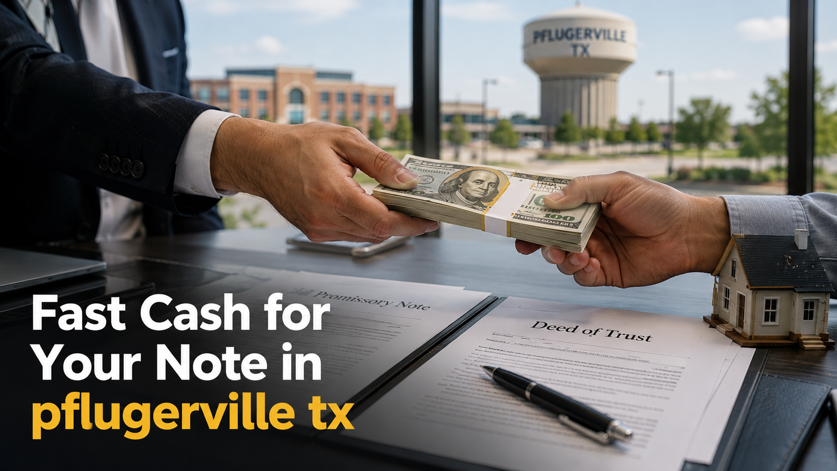 Cash exchange with promissory note and deed of trust during a real estate note sale in Pflugerville Texas.