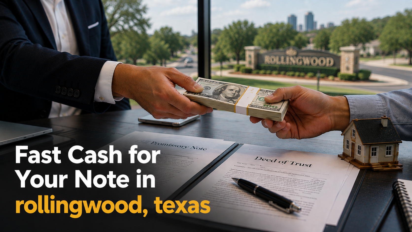 Cash exchange with promissory note and deed of trust during a real estate note sale in Rollingwood Texas.