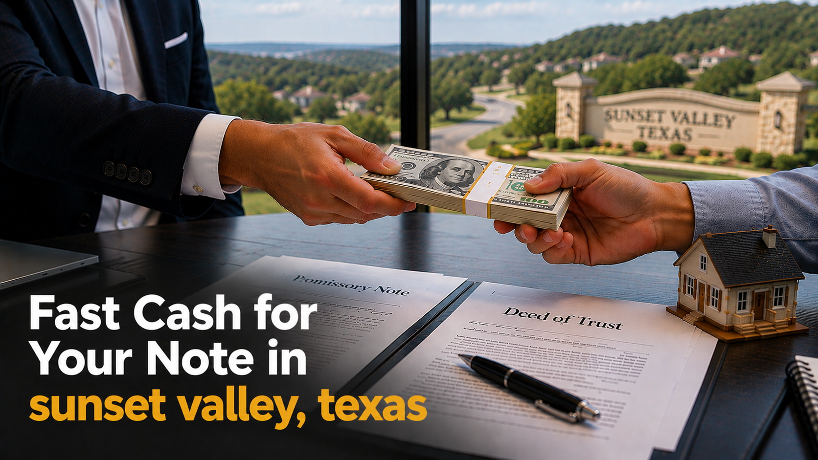 Cash exchange with promissory note and deed of trust during a real estate note sale in Sunset Valley Texas.