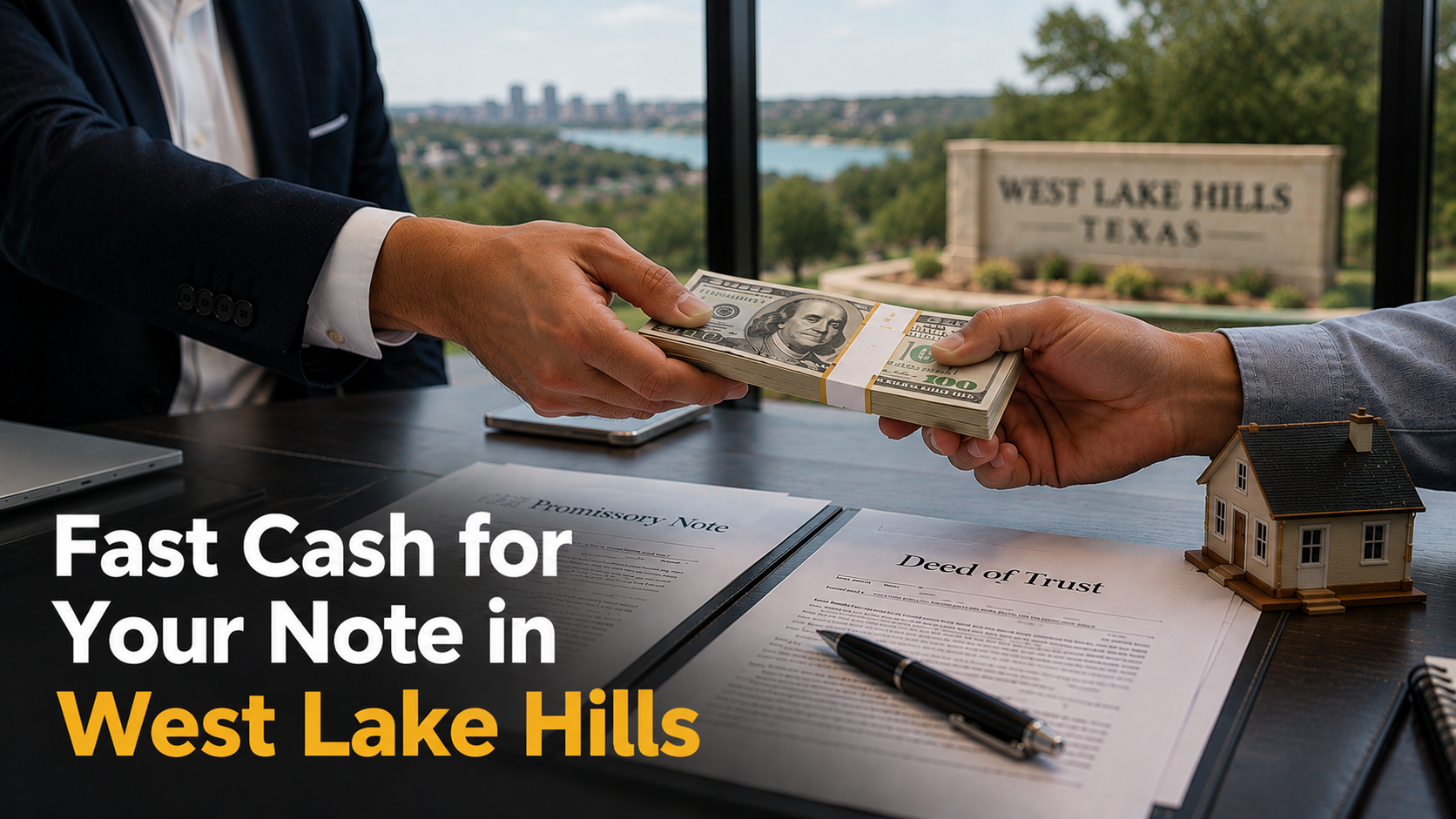 Cash exchange with promissory note and deed of trust during a real estate note sale in West Lake Hills Texas.