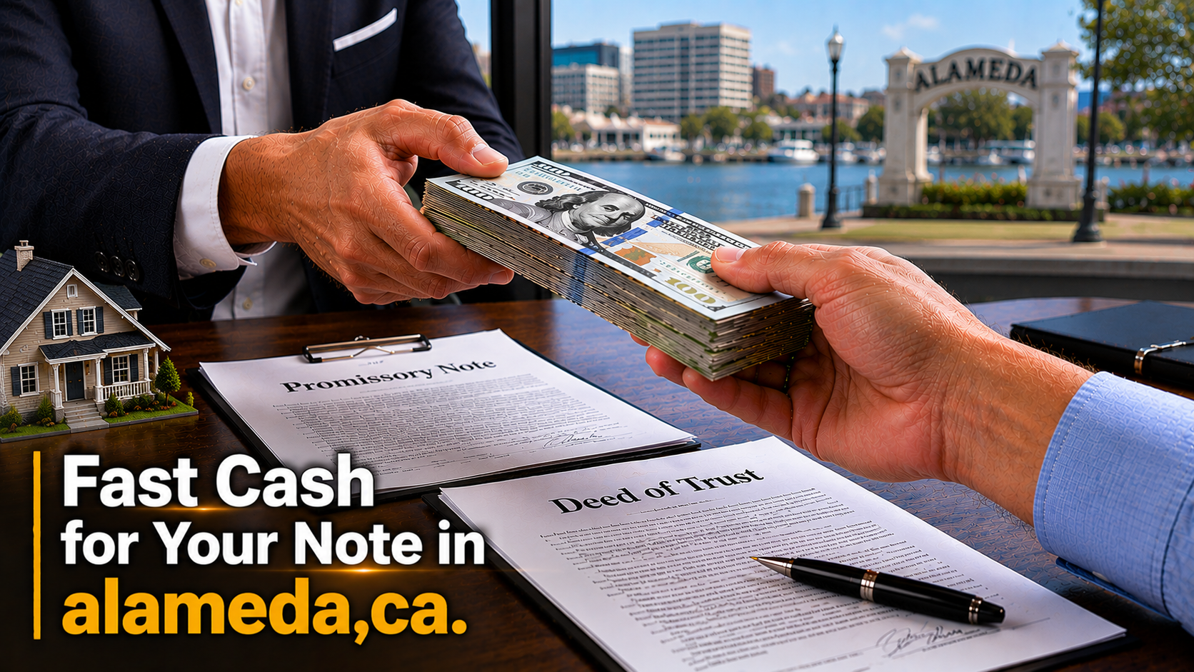 Cash exchange with promissory note and deed of trust during a real estate note transaction in Alameda, CA.