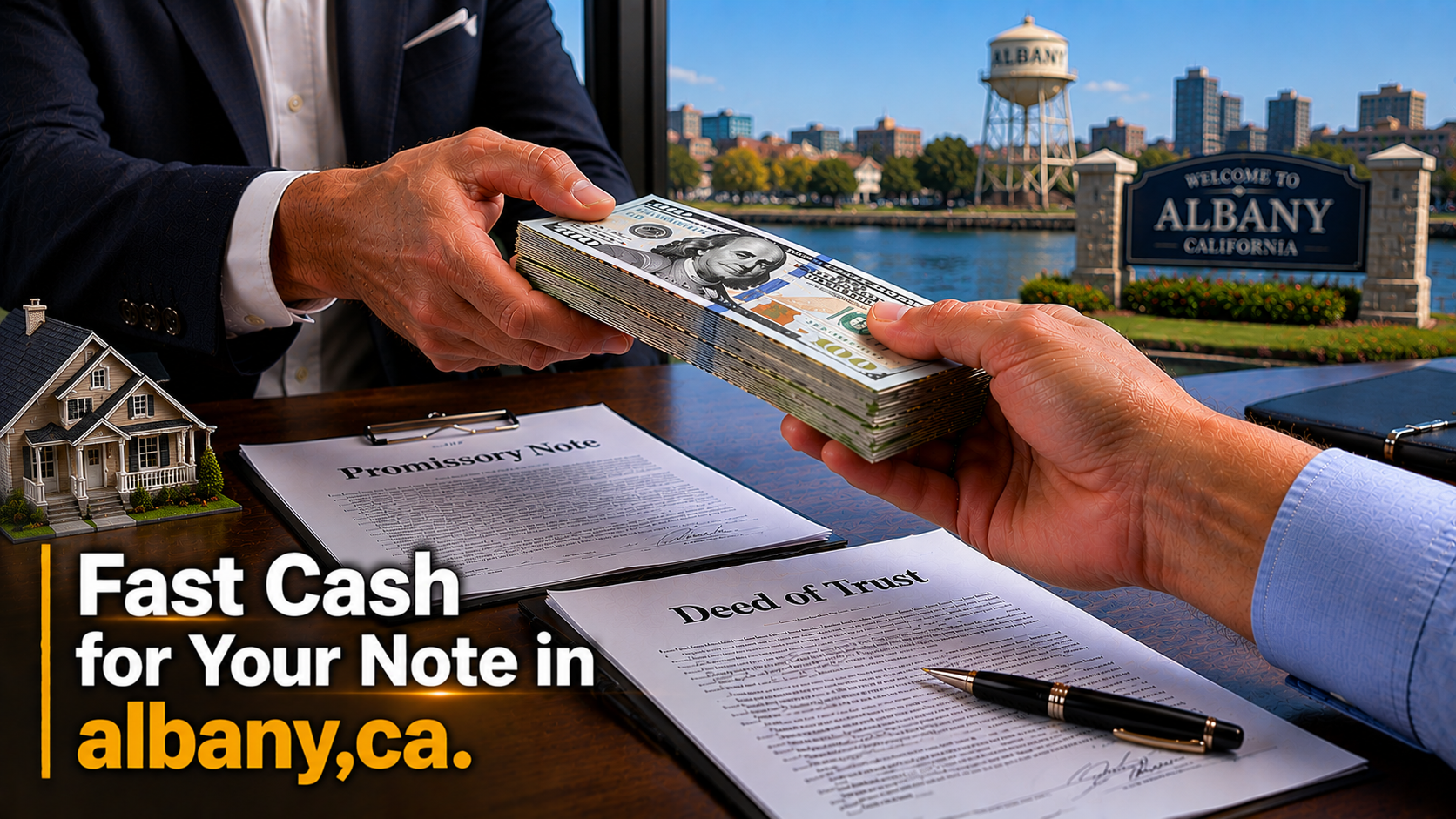 Cash exchange with promissory note and deed of trust during a real estate note transaction in Albany, CA.