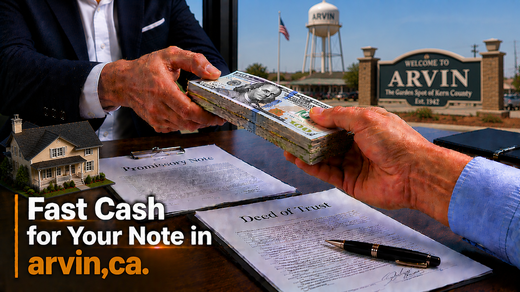 Arvin CA cash exchange with promissory note and deed of trust during a professional real estate note sale.