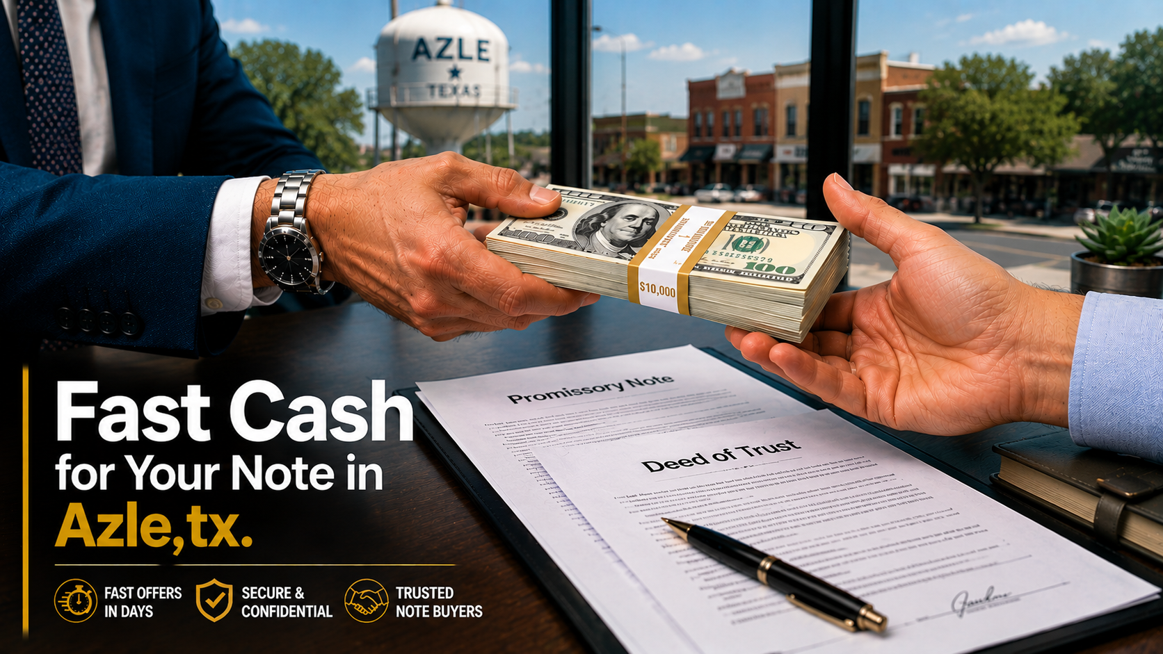 Cash exchange with promissory note and deed of trust during a real estate transaction in Azle, TX.