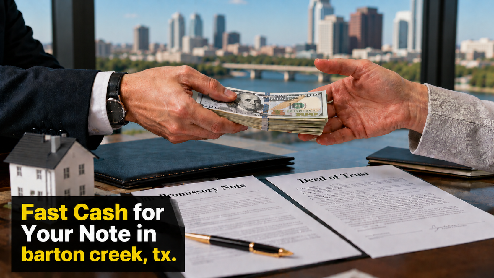 Cash exchange with promissory note and deed of trust documents for fast note sales in Barton Creek, TX and Malibu CA.