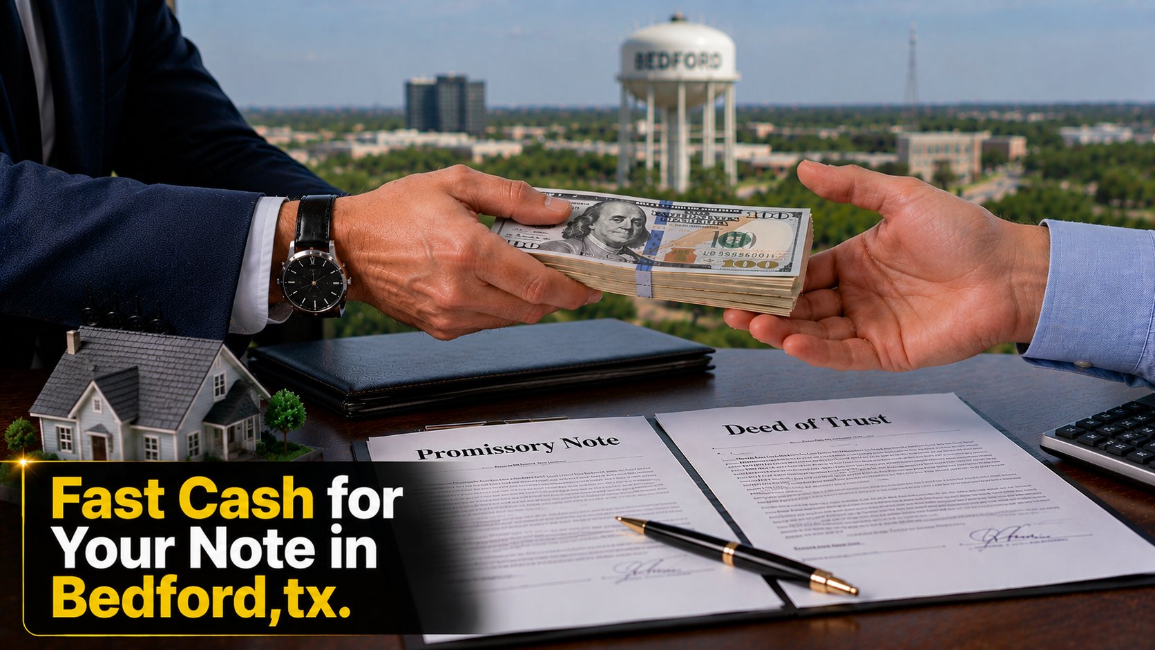 Cash exchange with promissory note and deed of trust documents for fast note sales in Bedford, TX and Malibu CA.