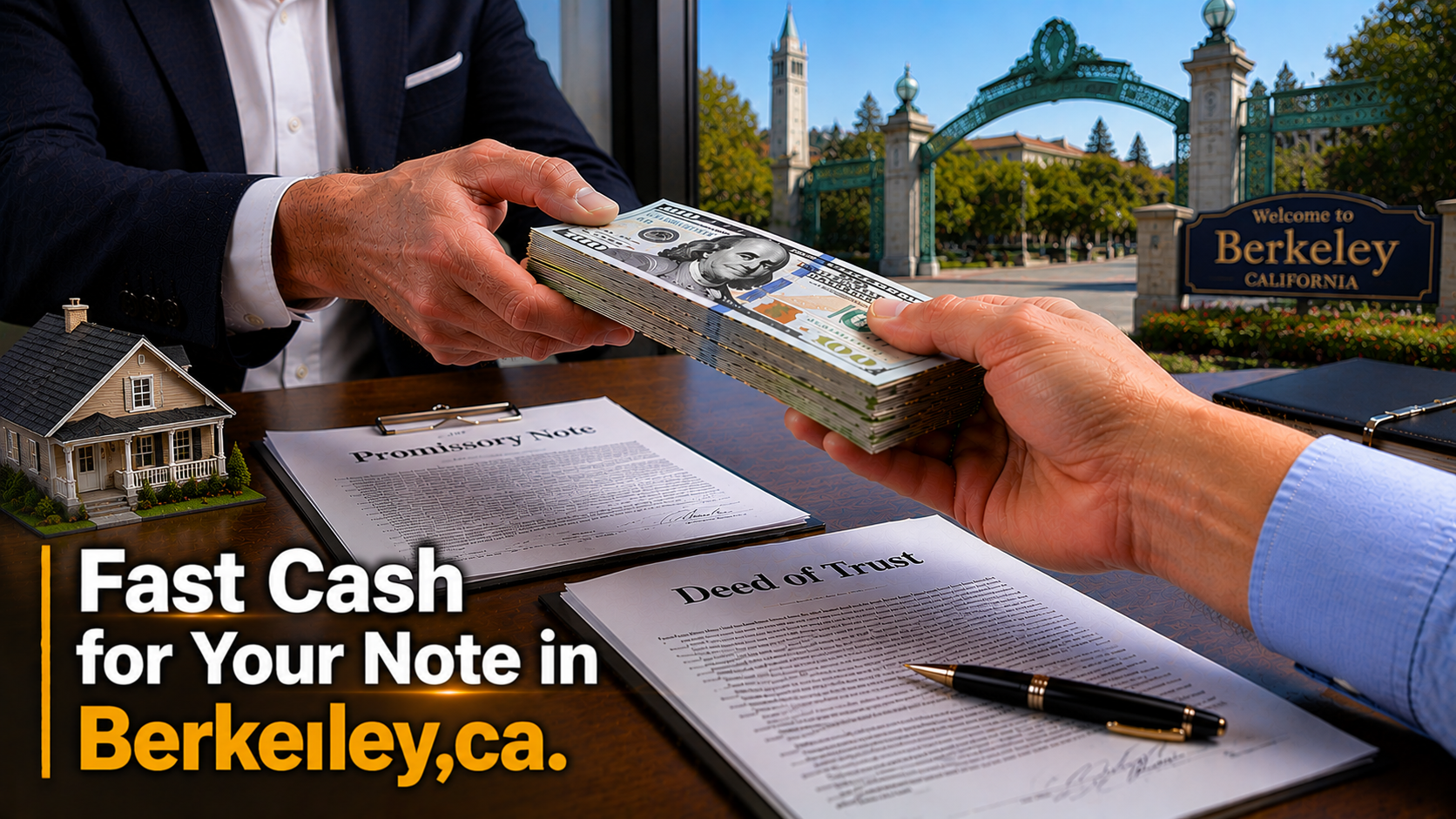 Cash exchange with promissory note and deed of trust during a real estate note transaction in Berkeley, CA.