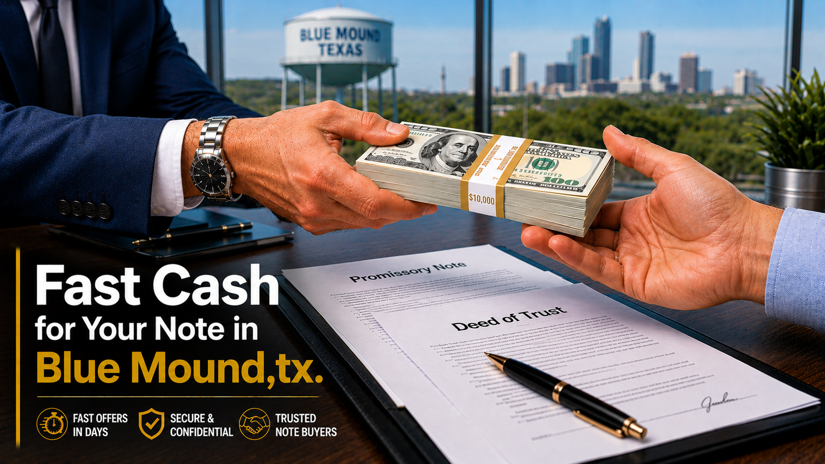 Cash exchange with promissory note and deed of trust during a real estate transaction in Blue Mound, TX.