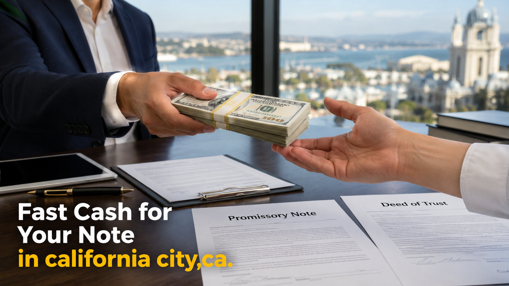 California City CA cash exchange with promissory note and deed of trust during a real estate note sale.
