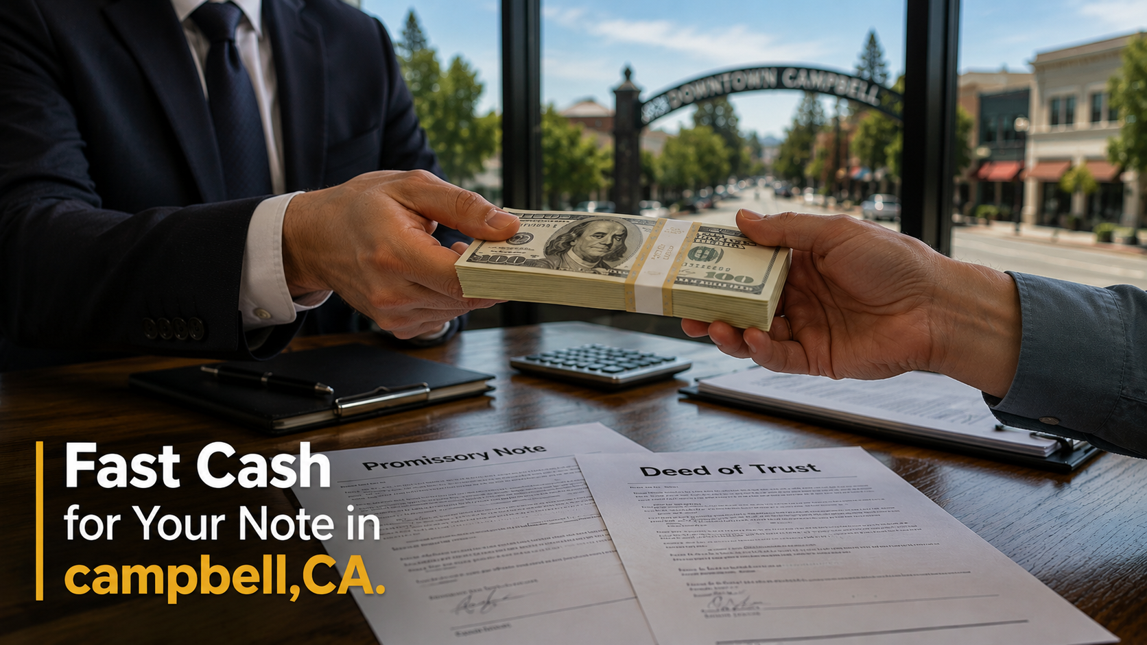 Cash exchange with promissory note and deed of trust in Campbell, CA real estate office, Fast Cash, Malibu CA.