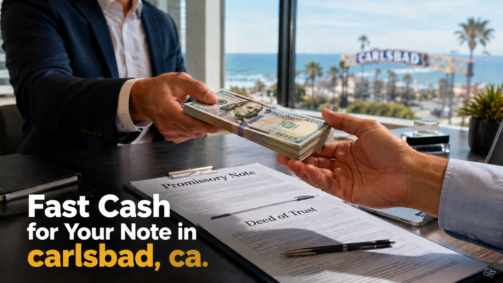 Cash exchange for promissory note and deed of trust sale in Carlsbad CA real estate transaction.