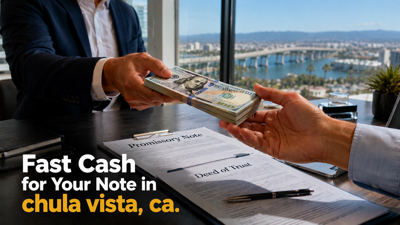 Cash exchange for promissory note and deed of trust sale in Chula Vista CA real estate transaction.