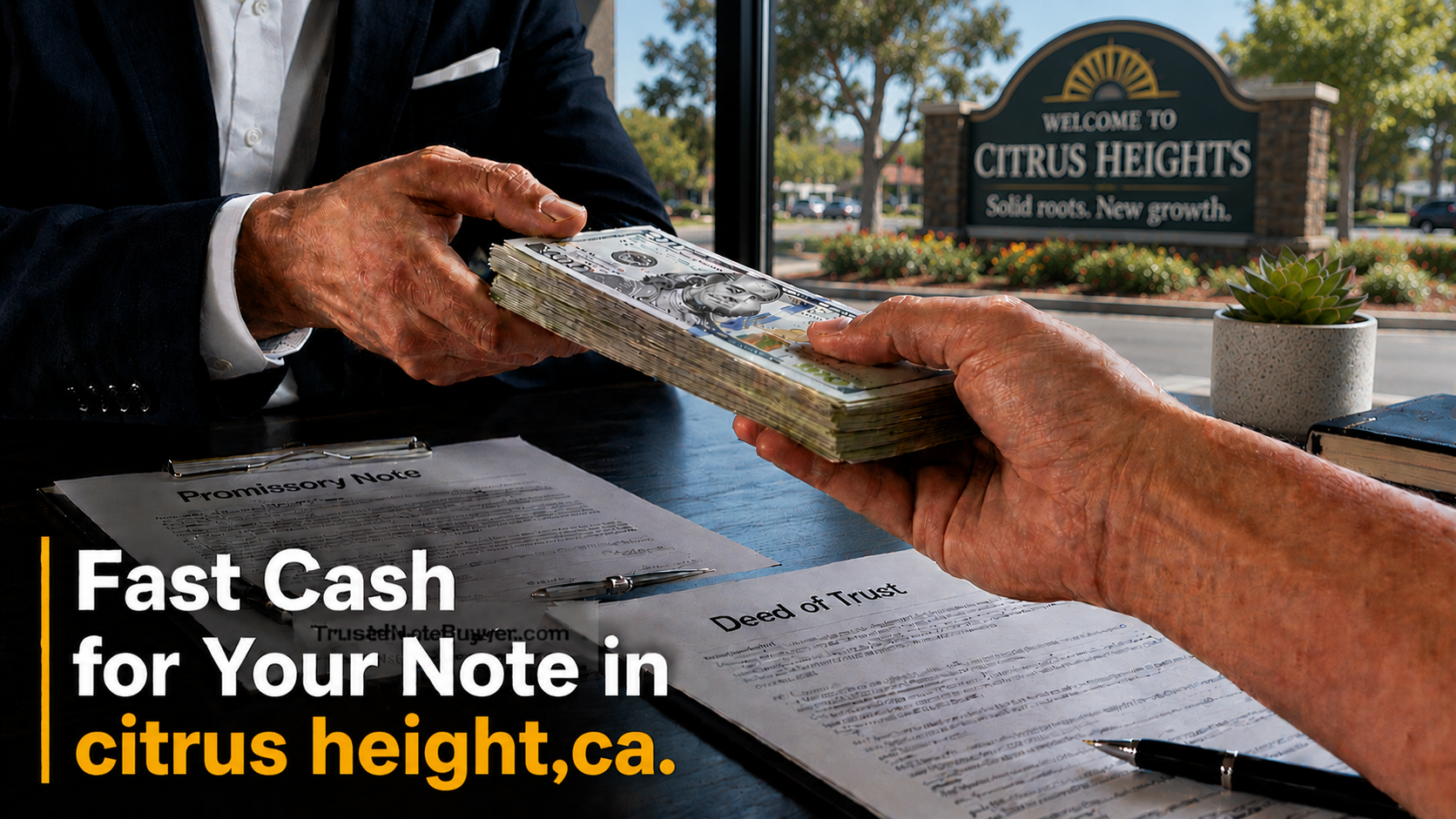 Cash exchange with promissory note and deed of trust during a real estate note sale in Citrus Heights, CA.