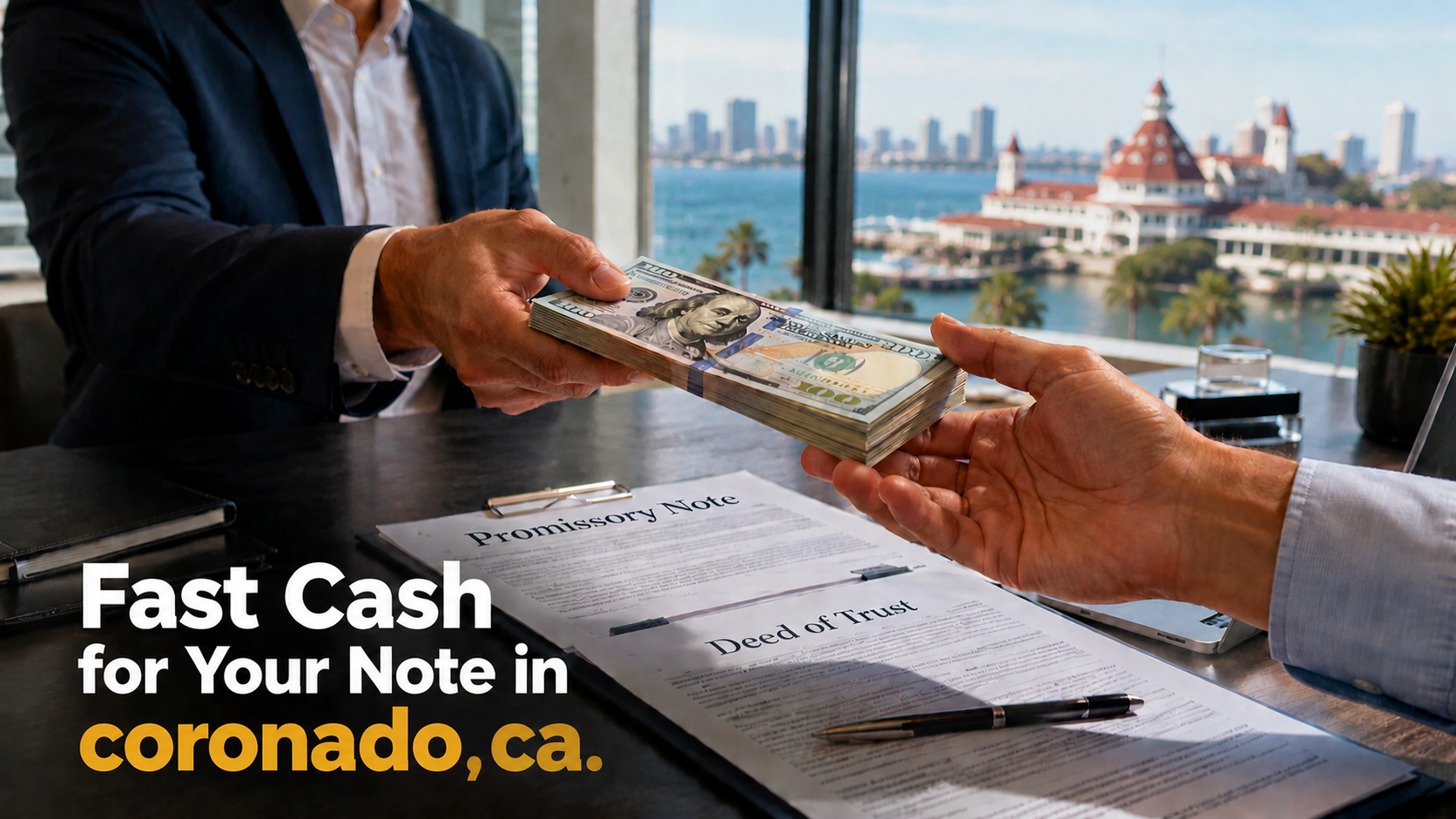 Cash exchange for promissory note and deed of trust sale in Coronado CA real estate transaction.