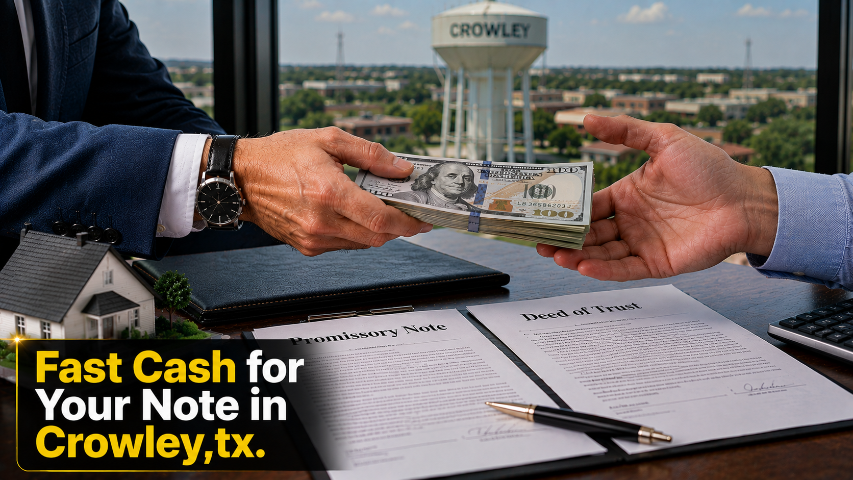 Cash exchange with promissory note and deed of trust documents for fast note sales in Crowley, TX and Malibu CA.