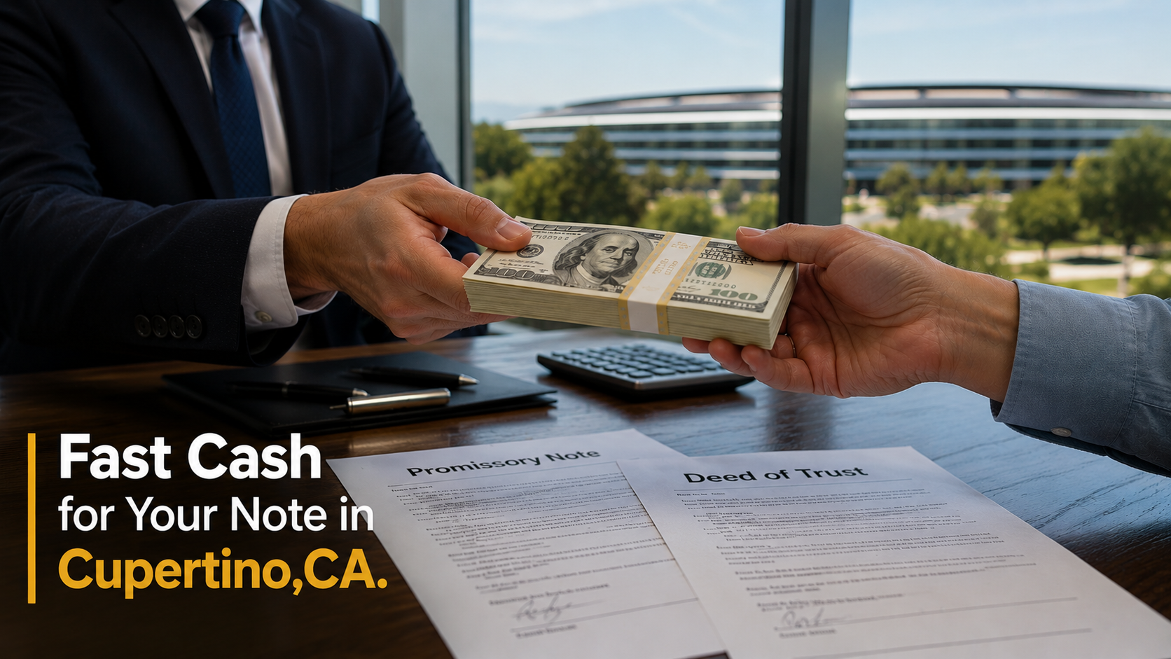 Cash exchange with promissory note and deed of trust during a real estate transaction in Cupertino, CA, Malibu CA.