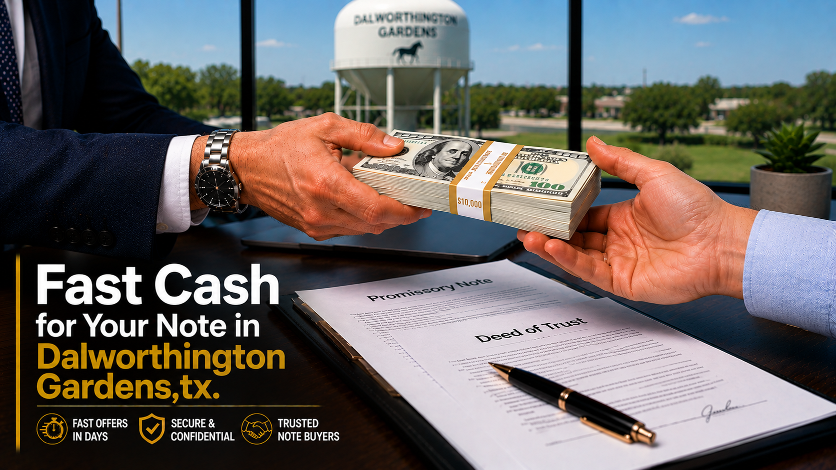 Cash exchange with promissory note and deed of trust during a real estate transaction in Dalworthington Gardens, TX.