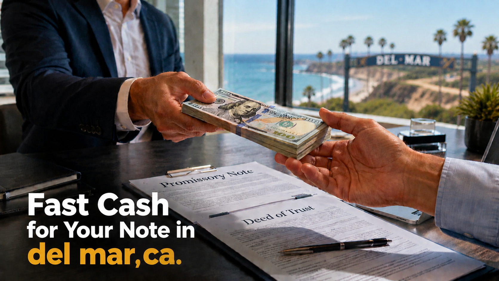 Cash exchange for promissory note and deed of trust sale in Del Mar CA real estate transaction.
