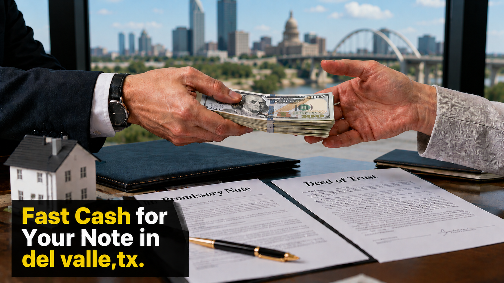 Cash exchange with promissory note and deed of trust documents for fast note sales in Del Valle, TX and Malibu CA.