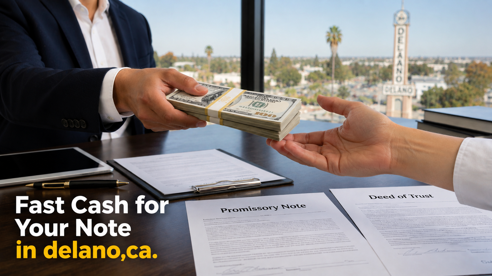 Delano CA cash exchange with promissory note and deed of trust during a professional real estate note transaction.