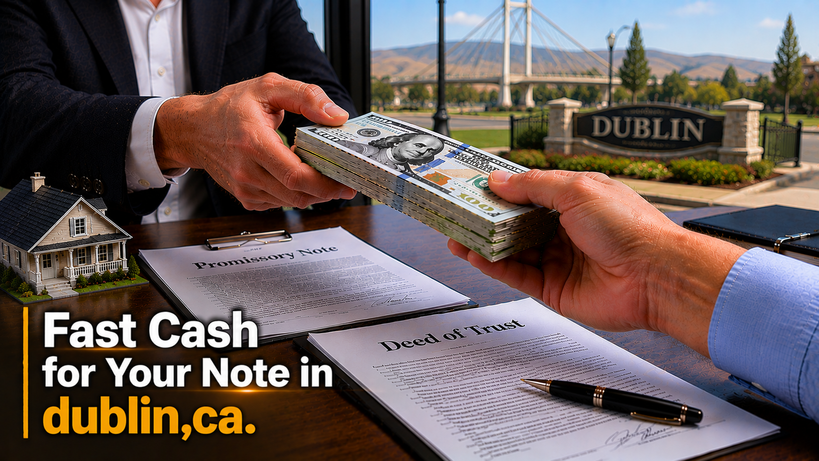 Cash exchange with promissory note and deed of trust during a real estate note sale in Dublin, CA.