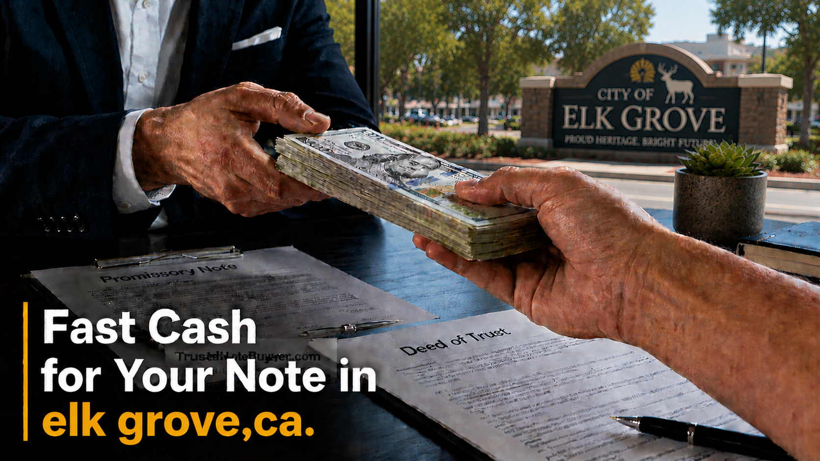 Cash exchange with promissory note and deed of trust during a real estate note transaction in Elk Grove, CA.