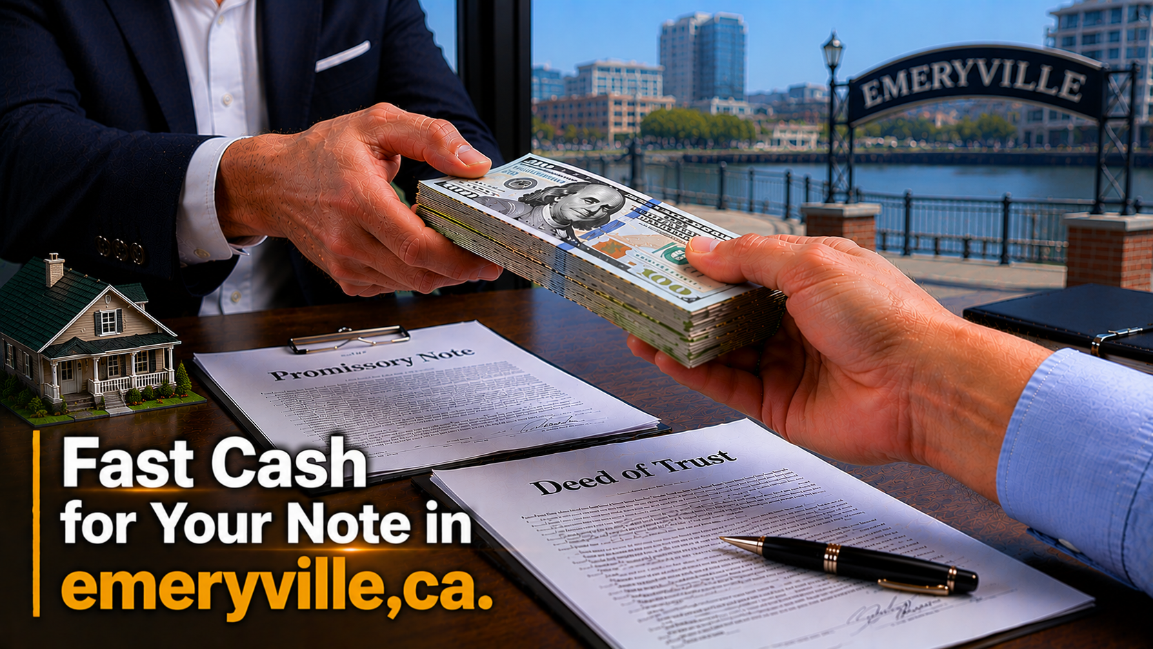 Cash exchange with promissory note and deed of trust during a real estate note transaction in Emeryville, CA.