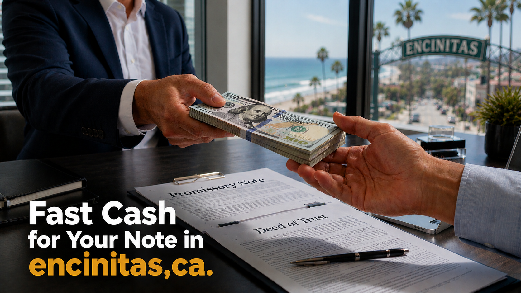 Cash exchange for promissory note and deed of trust sale in Encinitas CA real estate transaction.