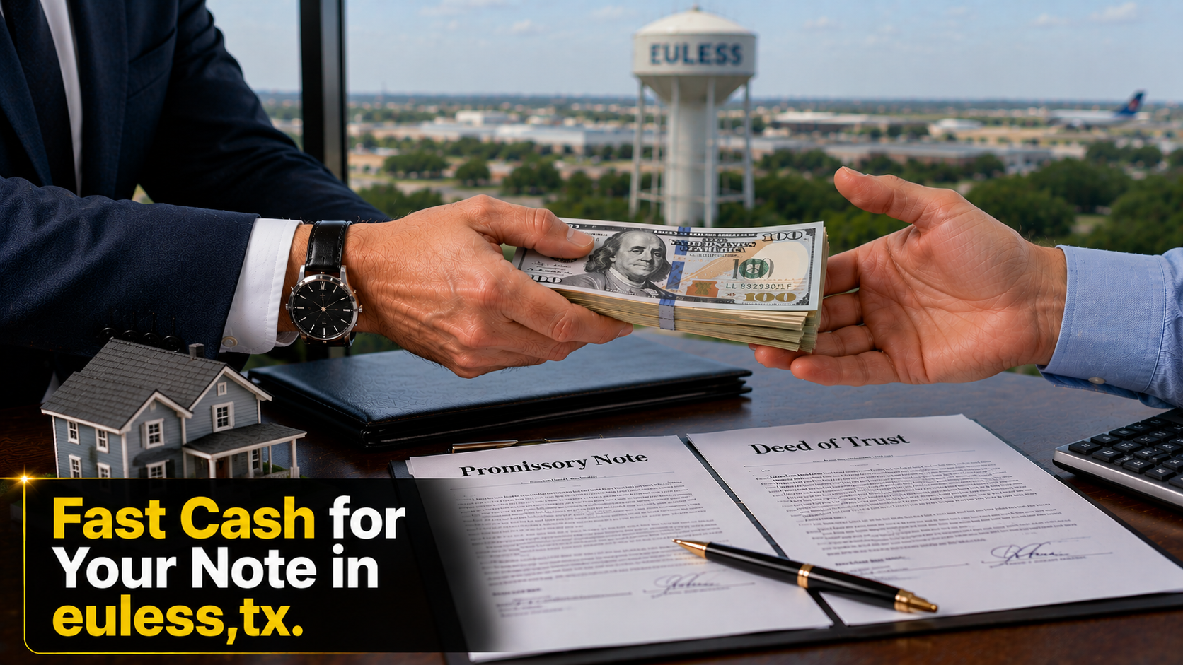 Cash exchange with promissory note and deed of trust documents for fast note sales in Euless, TX and Malibu CA.