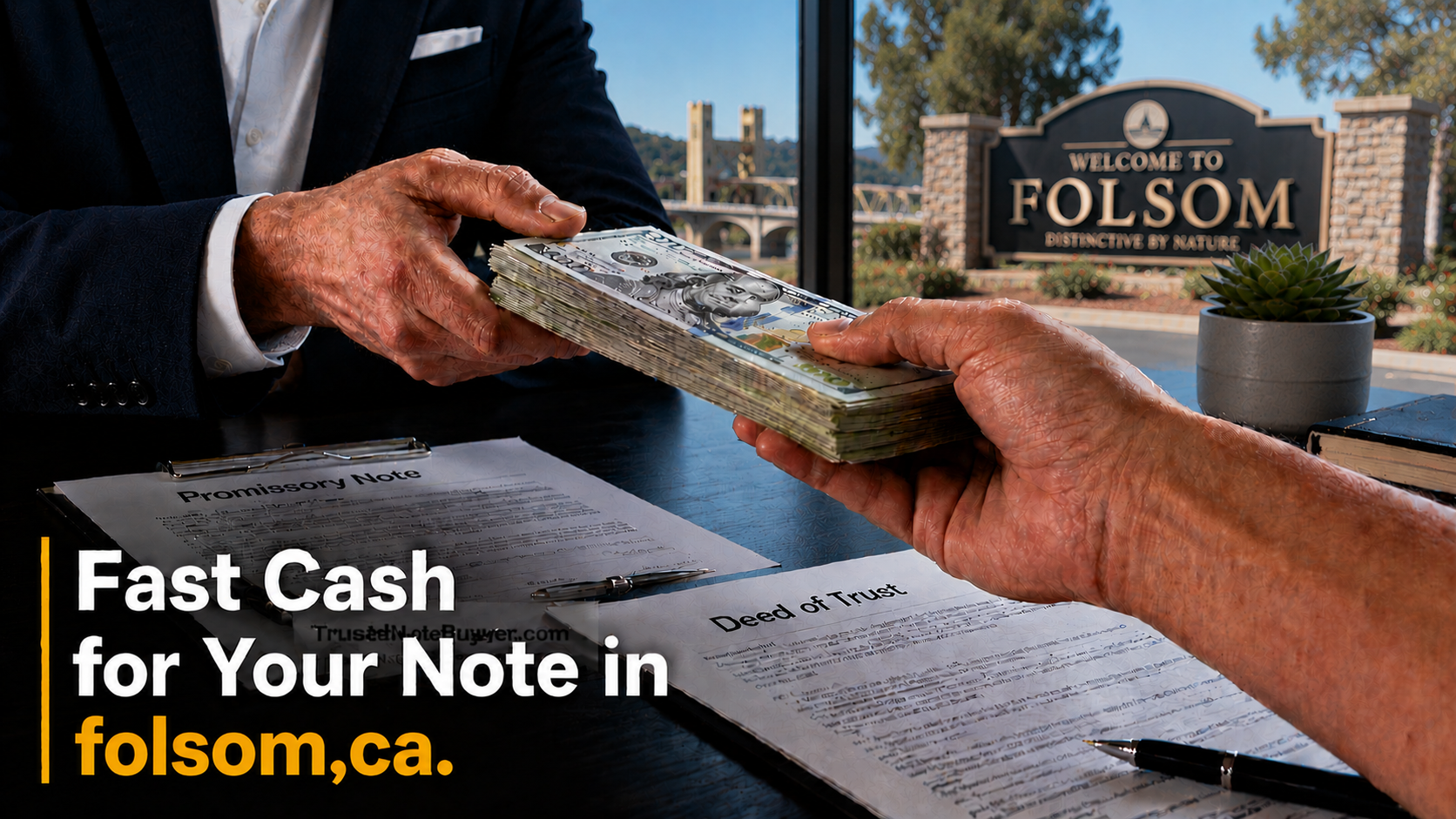 Cash exchange with promissory note and deed of trust during a real estate note sale in Folsom, CA.