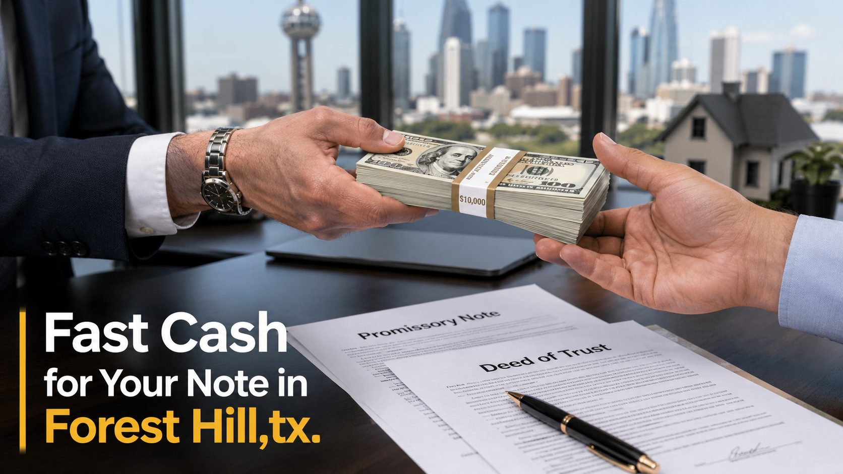 Cash exchange with promissory note and deed of trust during a real estate transaction in Forest Hill, TX, with fast note sale.