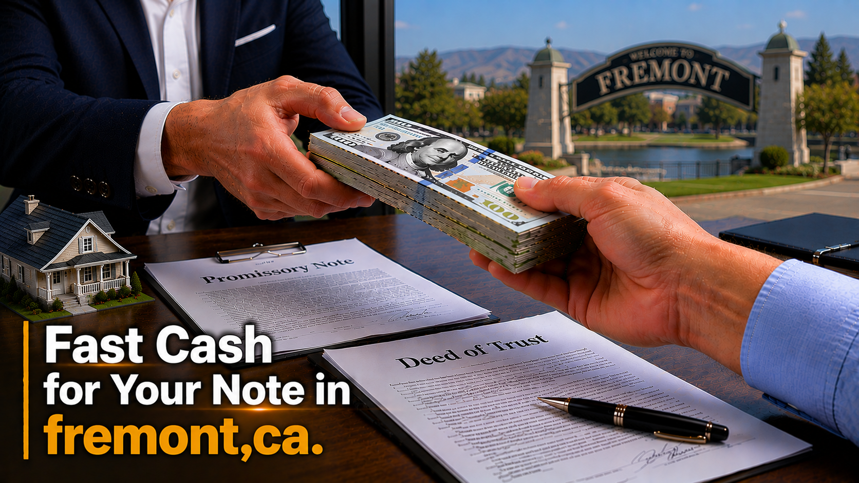 Cash exchange with promissory note and deed of trust during a real estate note transaction in Fremont, CA.