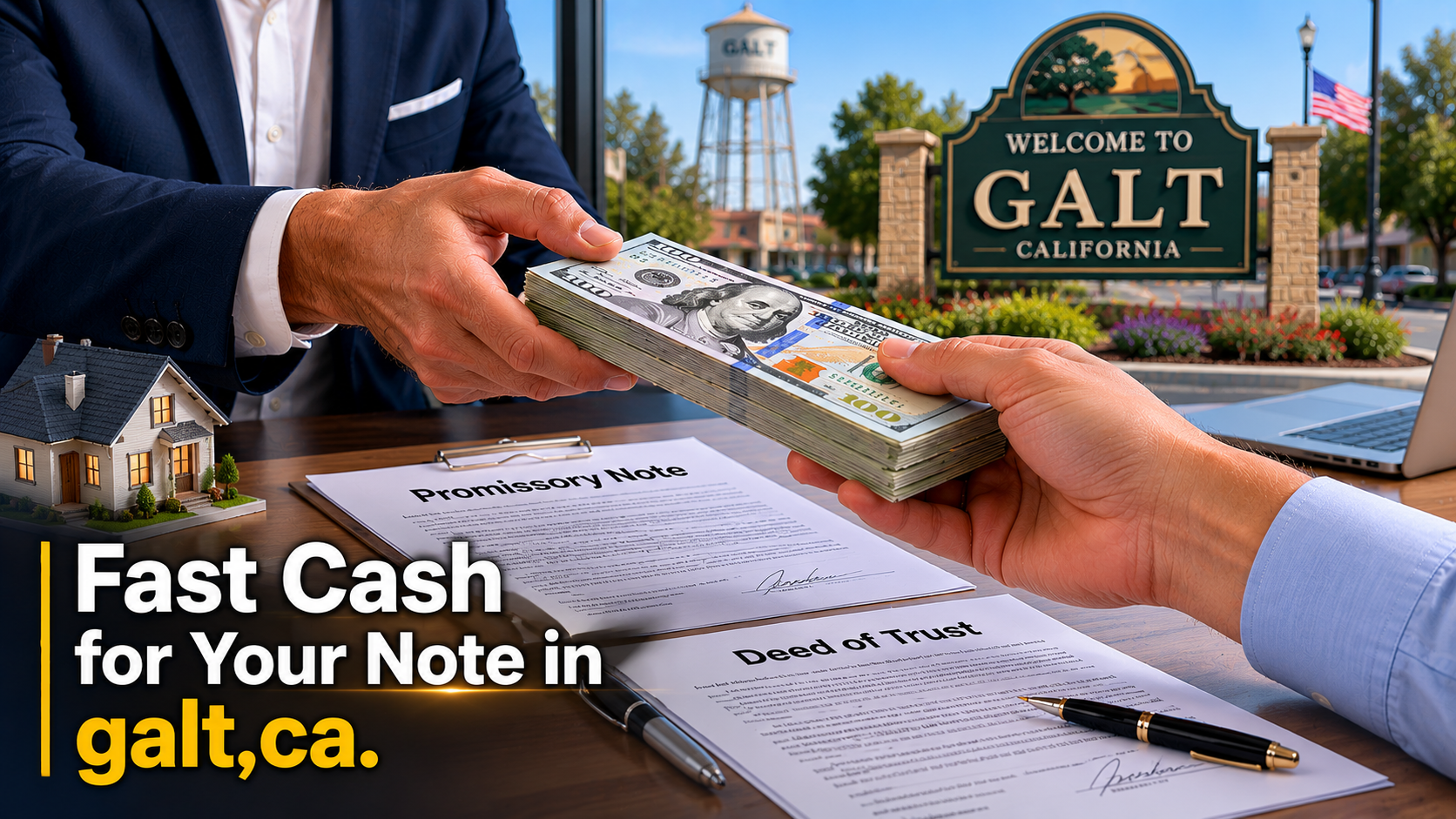 Cash exchange with promissory note and deed of trust during a real estate note sale in Galt, CA.