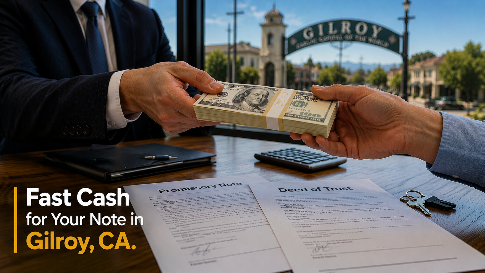 Cash exchange with promissory note and deed of trust during a real estate transaction in Gilroy, CA, Malibu CA.